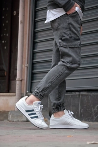 Erkek Jogger Kalıp Kargo Yan Cepli Bel ve Paça Lastikli Yıkamalı Kot Pantolon Füme Antrasit